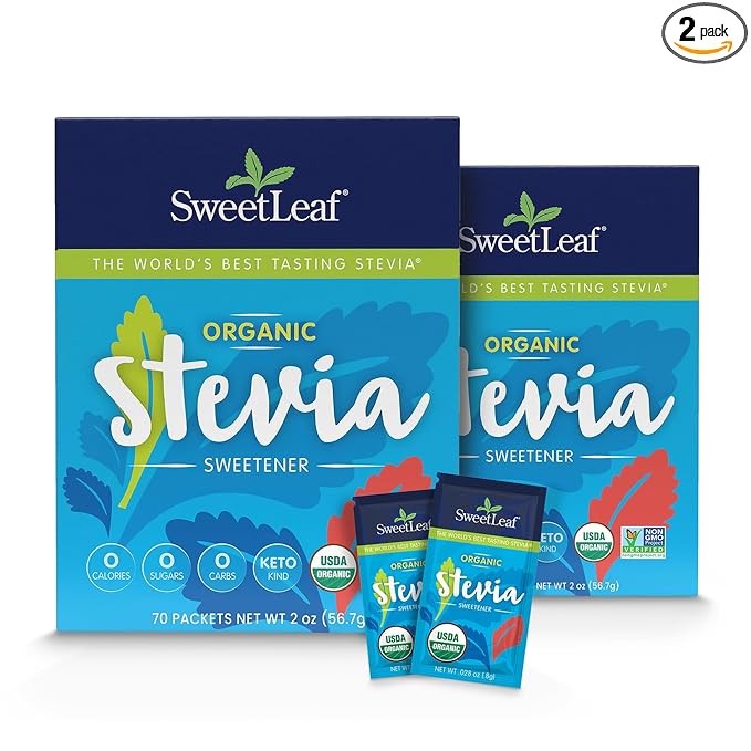 SweetLeaf Organic Stevia Packets - Zero Calorie Stevia Powder, No Bitter Aftertaste, Sugar Substitute for Keto Coffee, Nothing Artificial, Non-GMO Stevia Sweetener Packets, 70 Count (Pack of 2)