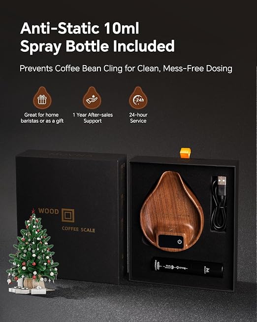 Coffee Bean Dosing Cup with Scale and Spray Bottle Kit - MUVNA Mini Rechargeable 0.1 Precision Single Dosing Tray Walnut Wood with LED Display for Coffee Grinder, Espresso, Tea, Kitchen Spice