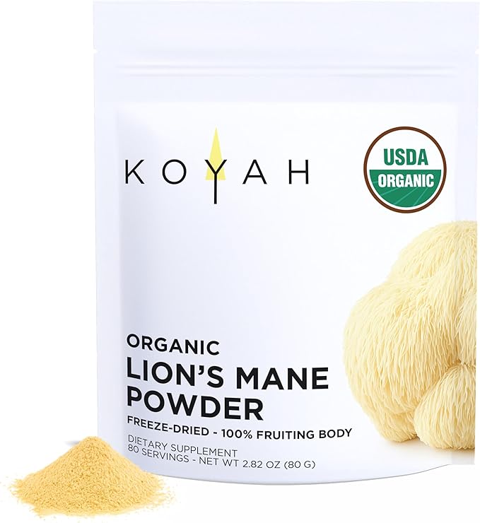 KOYAH - Organic USA Lion's Mane Mushroom Powder - 80 Servings - 100% Fruiting Body, Freeze-Dried, 3rd Party Tested for Beta-Glucans, Non-GMO, Vegan. Brain & Nerve Support. Immune Support.