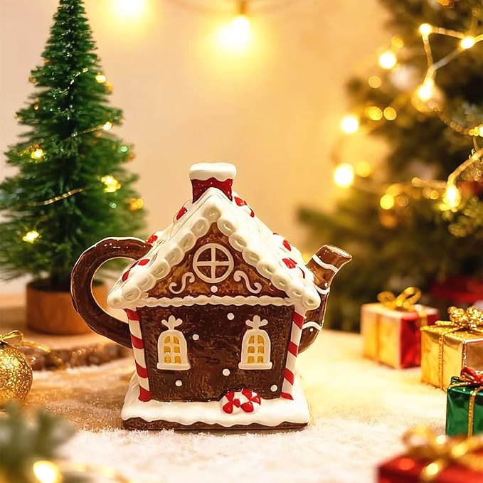 Ceramic Christmas Coffee Pot, 3D Hand-Painted Gingerbread House Teapot, Holiday Gifts and Desktop Decoration