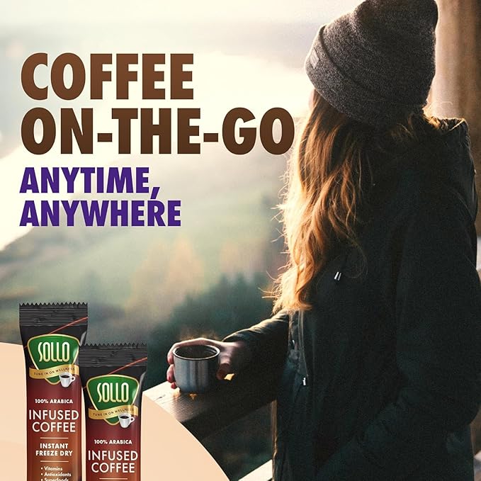 Sollo Super 6 Mushroom Blend Instant Coffee Sticks – 24 Servings | 6 Functional Mushrooms + Vitamins | Medium-Dark Roast 100% Arabica | Freeze-Dried | Single-Serve Sticks