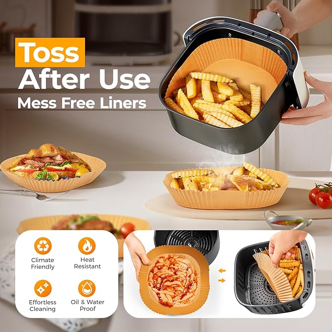 Air Fryer Paper Liners, 200pcs Air Fryer Liners Disposable, 8" Square Baking Liner for 5-8 qt Airfryer Basket, Non-stick and Oil Proof Parchment Paper for Oven, Pans & Baking