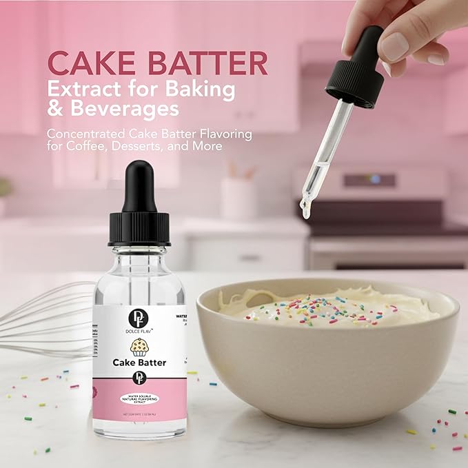 Dolce Flav Natural Cake Batter Extract – 8 Ounce Water-Soluble Kosher, Sugar-Free, Concentrated Birthday Cake Flavor for Frosting, Cupcakes & Ice Cream