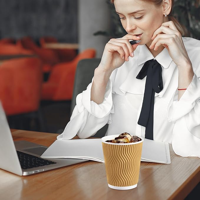 Lamosi Disposable Coffee Cups 8 OZ 100 Pack Champagne, Paper Coffee Cups 8 OZ for Hot Drinks or Cold Beverages, Insulated Corrugated Ripple Wall Cup No Lids for Office, Cafe, Home or Travel