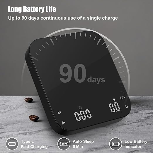 Rechargeable Coffee Scale with Timer, Diyife 3kg/0.1g High Precision Scale, 6 Units, HD LED Display, Long Battery Life, Portable Kitchen Scale for Espresso, French Press, Pour-Over Coffee