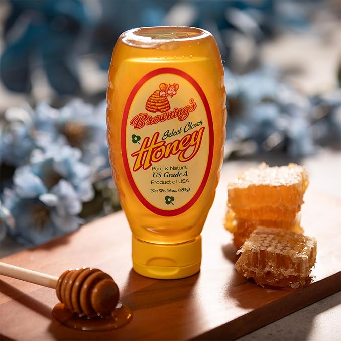 Browning's Honey Jug - Pure Raw Clover Honey, Natural Sweetener, Unfiltered and Unpasteurized, Perfect for Cooking, Baking, and Beverages (16 oz Squeeze Bottle)