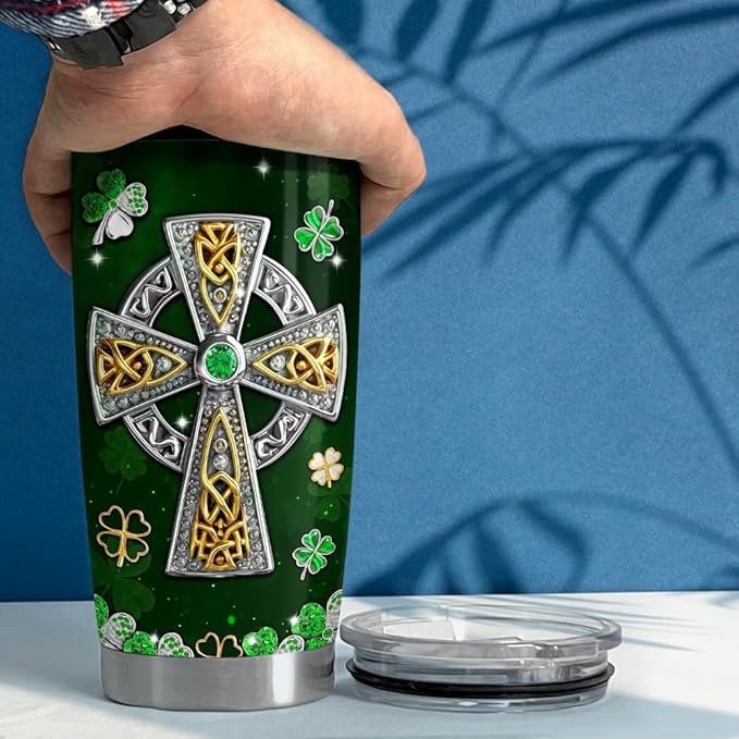 SANDJEST Irish Tumbler 20oz Celtic Cross Stainless Steel Tumbler with Lid Gift for Women Birthday Christmas