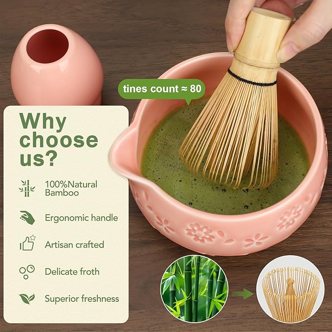Matcha Whisk Set, Ceramic Bowl with Spout, Bamboo Matcha Whisk & Spoon, Chasen Holder, Scoop Rest, Sifter, 8-Pcs Japanese Ceremony Matcha Powder Kit–Christmas Gift for Women-Pink