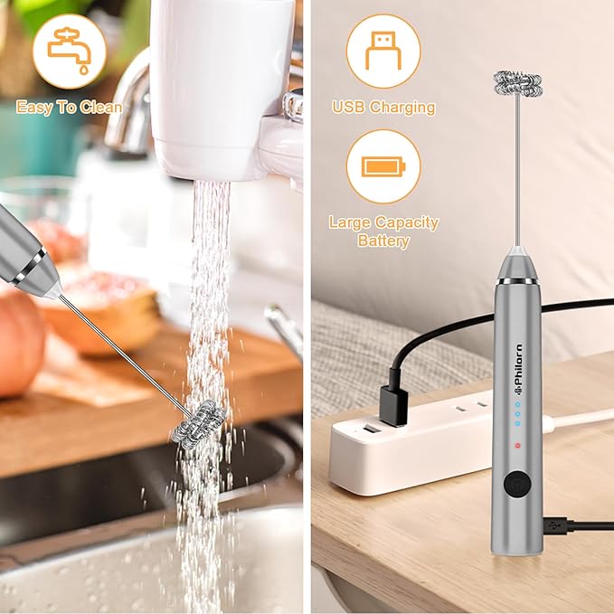 Philorn Milk Frother Wand Handheld Rechargeable Electric Whisk Coffee Drink Mixer, Mini Foamer for Lattes, Cappuccino, Frappe, Matcha, Hot Chocolate, Protein Powder, Keto Diet (Silver 2 Heads)