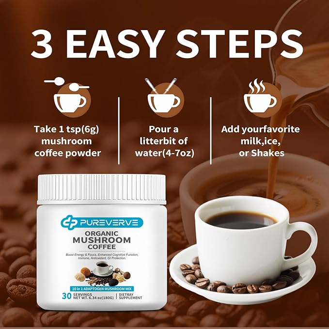 Mushroom Coffee, Organic10 Mushroom Extract Powder Blend Lion's Mane, Reishi, Chaga, Cordyceps, Turkey Tail 30 Servings