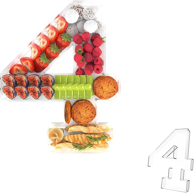 11" Acrylic Number Charcuterie Tray, Fillable Number Charcuterie Box for Food, Reusable Serving Cake Candy Dish Display Tray for Birthday Anniversary Party Decoration (Square Number 4)