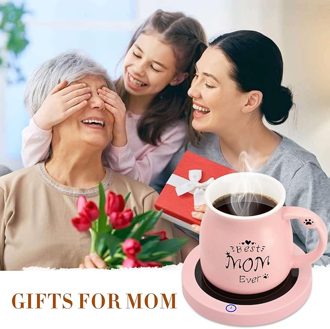 Coffee Mug Warmer, Best Mom Ever Mug, Cute Cat Mug Set, Cup Warmer for Desk, Gifts for Women, Pink Heated Warmer for Mom Home Office Christmas Birthday Gifts