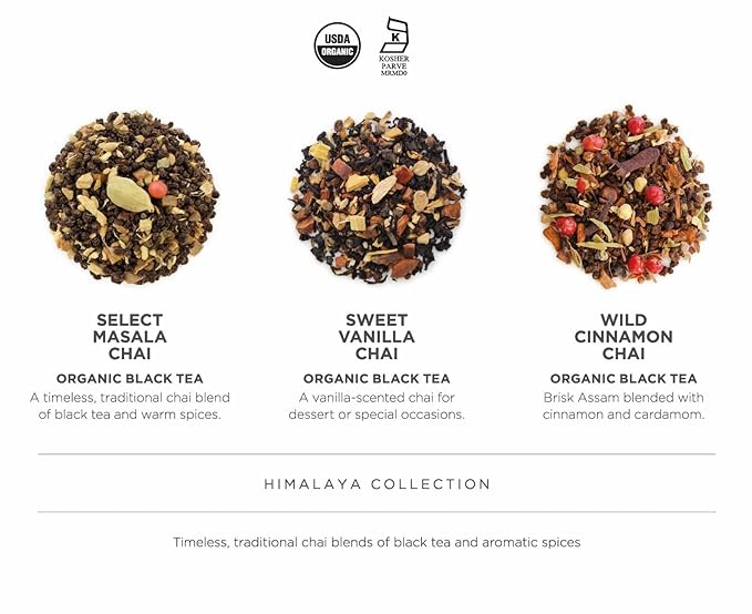 Teabloom Himalaya Chai Gift Set – Organic Chai Tea Sampler with 12 Plant-Based Pyramid Sachets, Elegant Presentation Box for Tea Lovers