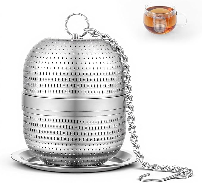Tea Ball Infuser for Loose Tea, Extra Fine Mesh Stainless Steel Teas Strainers with Extended Chain Hook and Drip Tray for Black Teas, Rooibos, etc