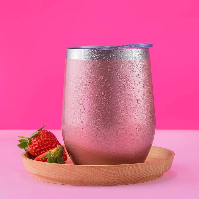 CHILLOUT LIFE 12 oz Stainless Steel Wine Tumblers 4 Pack - Double Wall Vacuum Insulated Wine Glasses Cups with Lids and Straws Set Keeping Cold & Hot for Coffee, Beer, Ice Cream - Rose Gold