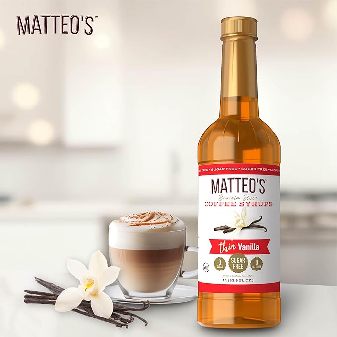 Matteo's Vanilla Syrup for Coffee, Lattes, Cappuccinos & Desserts – Sugar-Free Sweetener for Beverages, Keto Friendly, Zero Calories, Indulgent Flavor, Non-Alcoholic, Ideal for Hot Drinks 33.8oz (6pk)
