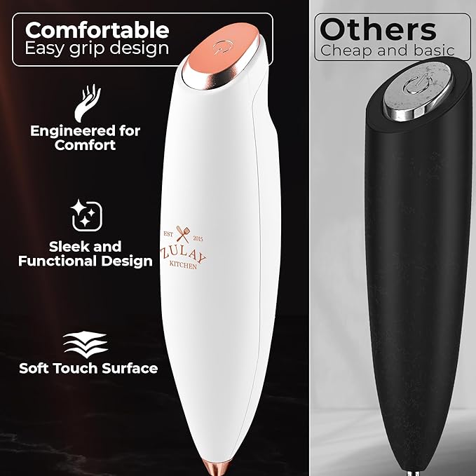 Zulay Kitchen Patented Tornado Triple Whisk Milk Frother with 4 Duracell Batteries – Handheld Foam Maker for Coffee, Lattes, Matcha & Hot Chocolate – Rich, Creamy Froth in Seconds
