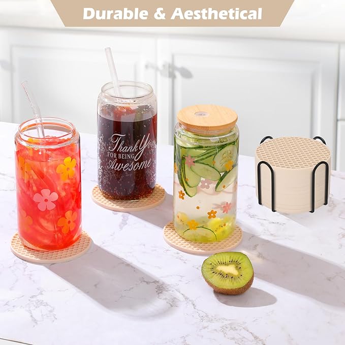 Tapioca Silicone Coasters Set of 16 with Holder, Drinks Coasters, Suitable for Hot or Cold Cups, Anti-Slip, Non-Stick, Anti-Overflow Tabletop Protection and Decor