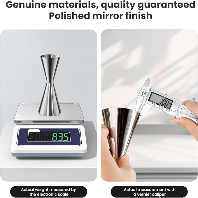 Professional Bartender Jigger, Thickened 18/8 Stainless Steel Japanese Style Double Jigger with Laser Etched Measurements, No Curled Lip Design,for Home & Bar Use (1oz/2oz, 10ml/20ml/30ml/45ml)