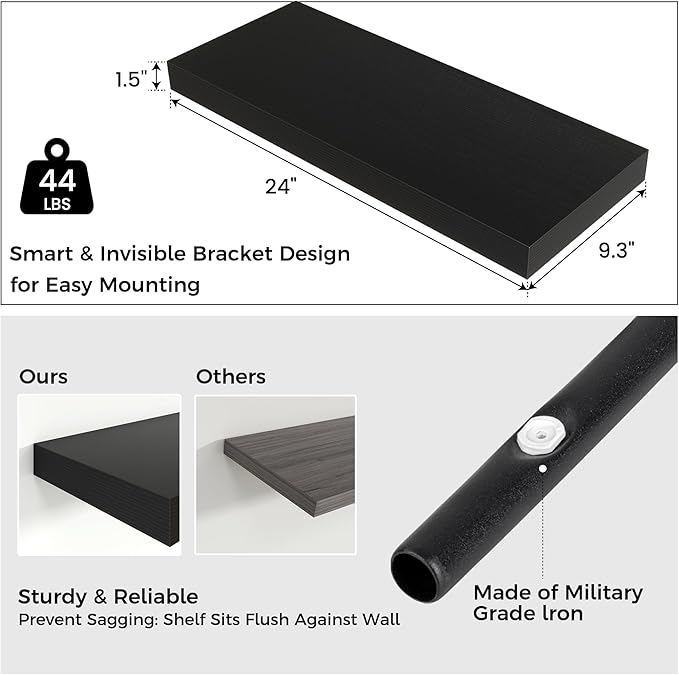 Floating Shelves for Wall, Engineered Wood Wall Shelves with Invisible Brackets for Living Room Bedroom Bathroom Office Kitchen Decor and Storage (Black, 24" W x 9" D x 1.5" H) Set of 2