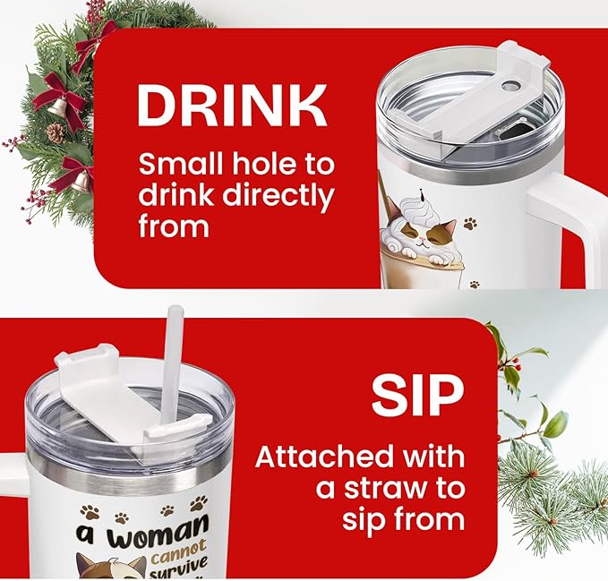 34HD Cat Lady Tumbler with Lid & Straw, 40oz Stainless Steel Vacuum Insulated Coffee Mug with Cats, Cute Kitty Gifts for Her Women, Cat Mom Gifts for Birthday Mothers Day Christmas