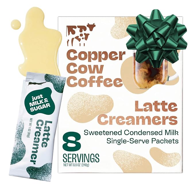 Copper Cow Coffee Sweetened Condensed Milk Coffee Creamer Singles (8 pack) | Vietnamese Inspired Coffee Creamer, All Natural Creamer Packets for Pour Overs & Lattes | No Refrigeration Needed