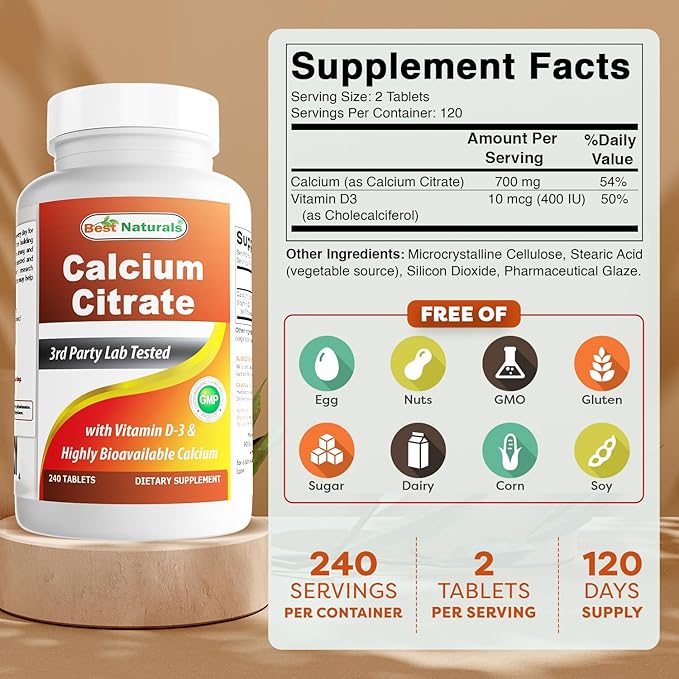 Best Naturals Calcium Citrate with Vitamin D-3 240 Tablets (240 Count (Pack of 2))