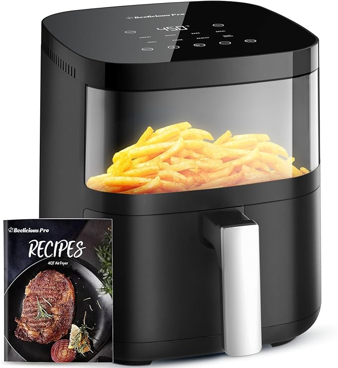 Air Fryer, Beelicious 8-in-1 Smart Compact 4QT Air Fryers with Viewing Window, Shake Reminder, 450°F Digital Airfryer with Flavor-Lock Tech, Dishwasher-Safe & Nonstick, Fit for 1-3 People, Black