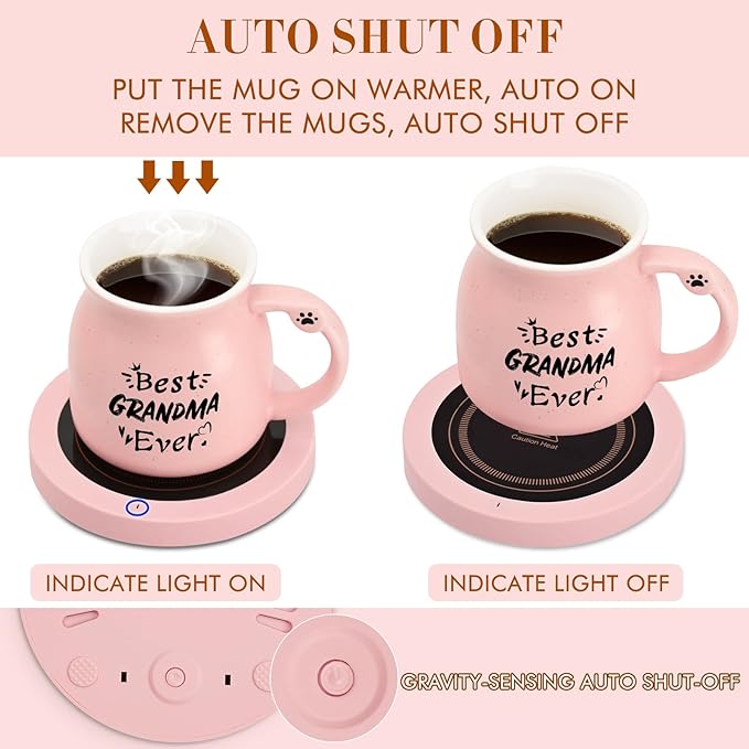 Coffee Mug Warmer, Best Grandma Ever Mug, Cute Cat Mug Set, Coffee Cup Warmer for Desk, Gifts for Grandma, Pink Heated Coffee Warmer for Nana Home Office Christmas Birthday Gifts