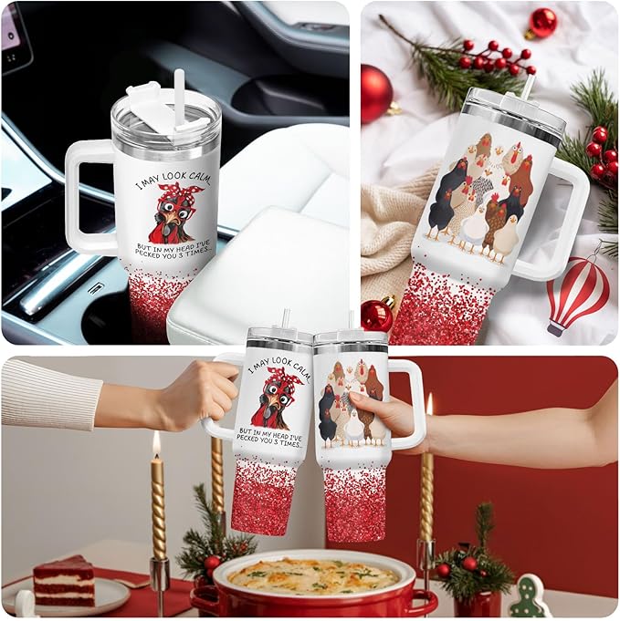 34HD Crazy Chicken Lady Tumbler with Handle and Straw, 40oz Mama Hen Coffee Mug with Lid, Funny Chicken Gifts for Girls Women on Birthday Mothers Day Christmas