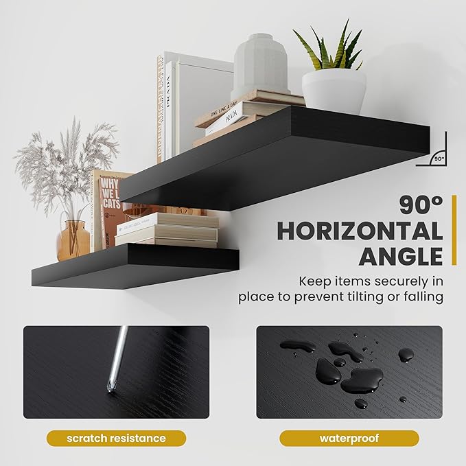 48 Inch Floating Shelves, 9.3" Deep Floating Shelf Wall Mounted, 48" Wall Shelves, Rustic Deep Bookshelf, Large Display Shelves & Storage Shelves for Bedroom, Living Room, Black, Set of 1