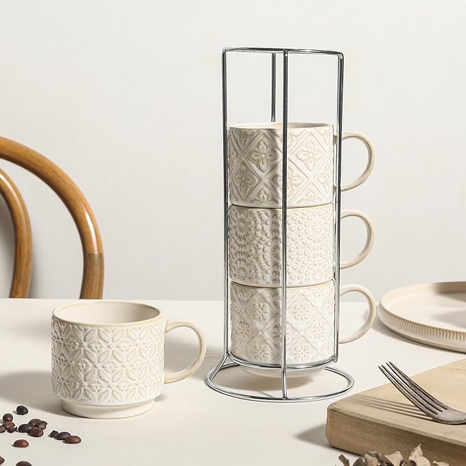 6 Oz Coffee Cups Set of 4, Stackable Coffee Mugs with Stand, Ceramic Cappuccino Cup, Embossed Espresso Cups for Latte, Tea, Cocoa, Mocha, Housewarming Present, Dishwasher Safe