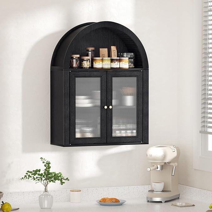 Arched Bathroom Cabinet, Wall Mounted Bathroom Cabinet with Tempered Glass Doors and Adjustable Shelf, for Kitchen, Living Room, Laundry Room, Restroom, Black