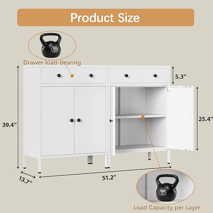 Metal Storage Cabinet with Drawer and Adjustable Shelf, White Steel Sideboard Buffet Cabinet, 35.4" H Coffee Bar Cabinet for Kitchen, Dining Room, Entryway