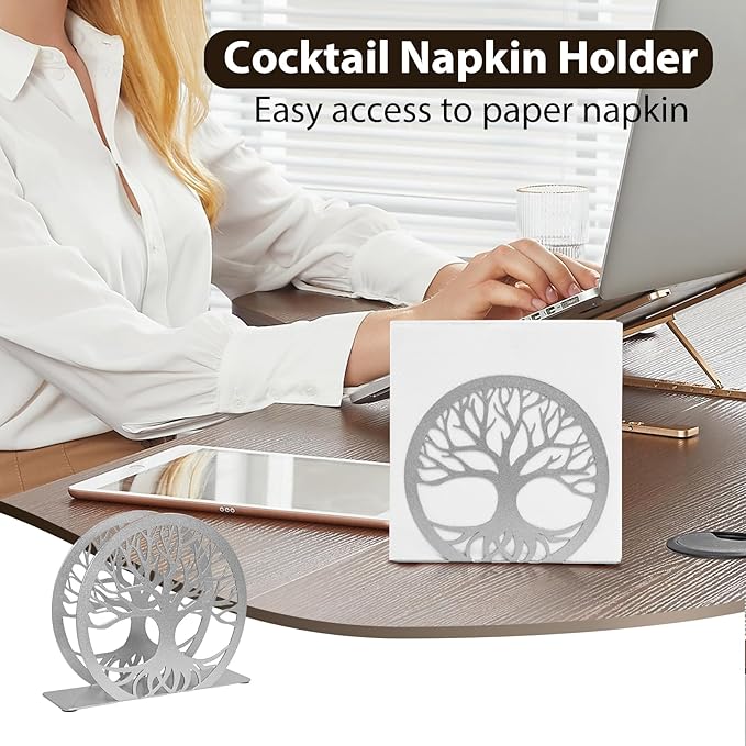 Silver Napkin Holder for Table – Sleek Standing Napkin Dispenser for Kitchen, Dining Room, or Coffee Shop | Perfect for 6-inch Cocktail Napkins, Farmhouse & Outdoor Spaces (6"x 1.7"x 4.9")