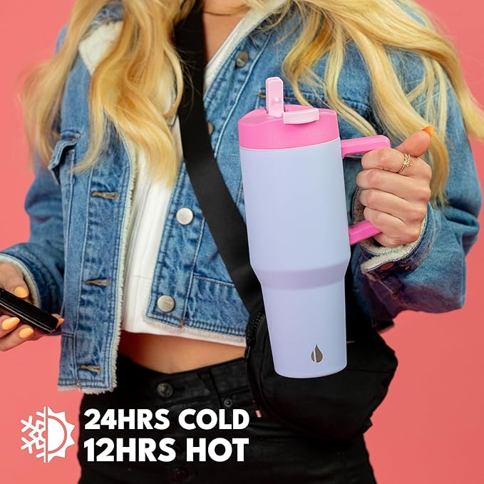 Elemental 32 oz 100% Leak Proof Tumbler with Handle & Straw - Stainless Steel Double Wall Insulated Tumbler for Hot and Cold Beverages - Travel Coffee Mug with Sip & Straw Lid - Lilac Tie Dye