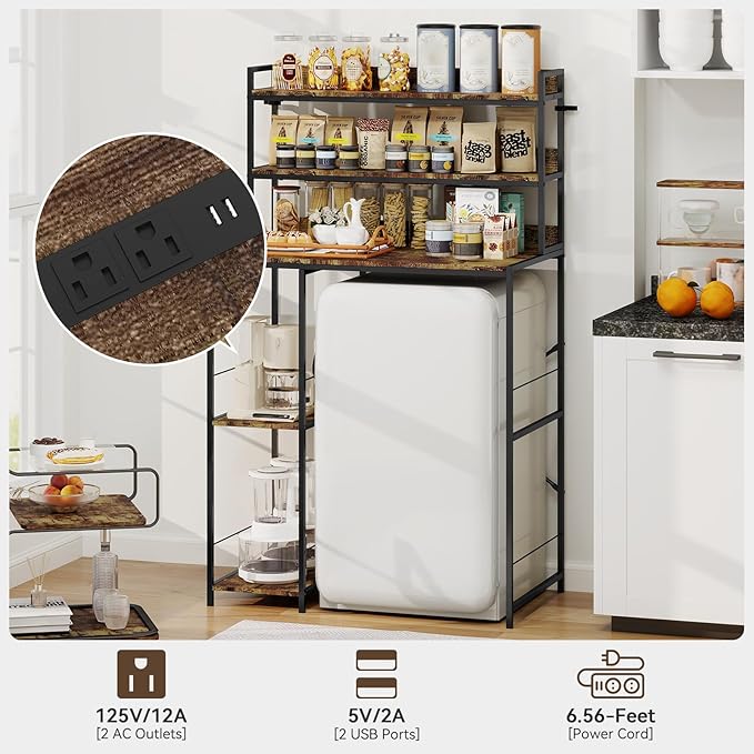 ELECWISH Mini Fridge Stand with Storage Shelves, 5-Tier Kitchen Bakers Rack, Space Saving Mini Fridge Cabinet, Adjustable Left/Right Organizer with Power Outlet, Brown