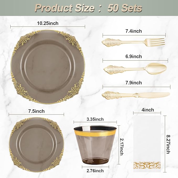 350PCS Clear Black Plastic Plates for 50 Guests, Disposable Plates with Gold Trim include 50 Dinner and Dessert Plates, 150 Gold Silverware, 50 Cups, 50 Napkins for Party & Graduation