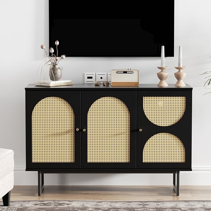 Storage Cabinet with 3 Arched Rattan Doors, Rattan Sideboard Buffet Cabinet with Storage, Boho Entryway Table Console Credenza TV Stand for Living/Dining Room, Kitchen, Hallway, Black
