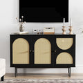Storage Cabinet with 3 Arched Rattan Doors, Rattan Sideboard Buffet Cabinet with Storage, Boho Entryway Table Console Credenza TV Stand for Living/Dining Room, Kitchen, Hallway, Black