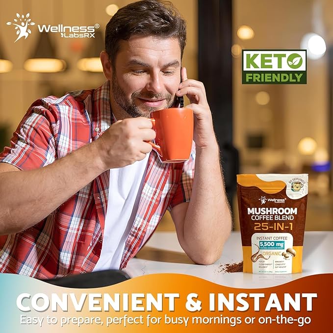 Mushroom Coffee Organic Instant Coffee, 25-in-1, Third-Party Tested Keto Friendly Lions Mane Supplement with Functional Mushrooms – Shiitake, Reishi, Lion’s Mane & More | Smooth, Rich Flavor - 90 Servings (Pack of 2)