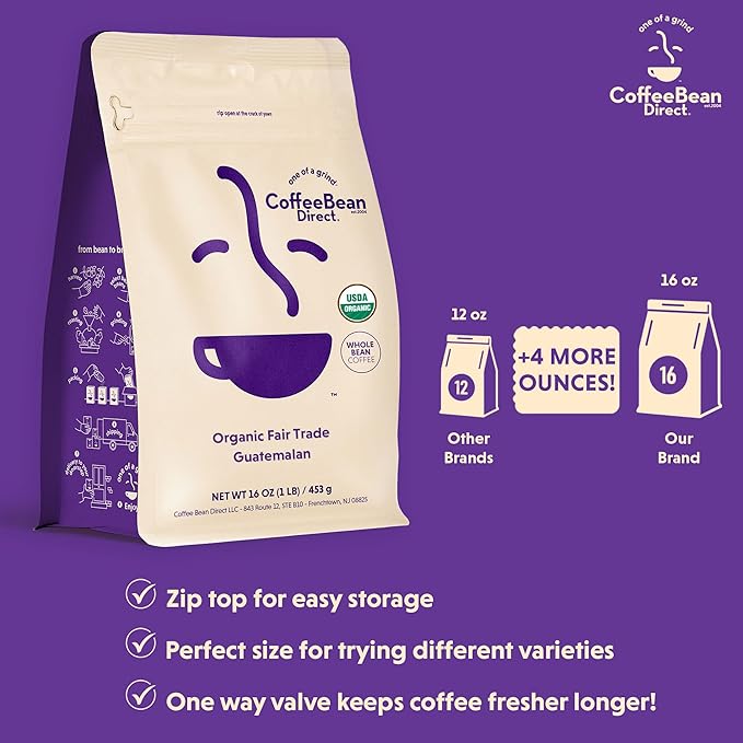 Coffee Bean Direct Organic Fair Trade Guatemalan, Whole Bean Coffee, Light Roast, 1 Pound Bag (Pack of 1)