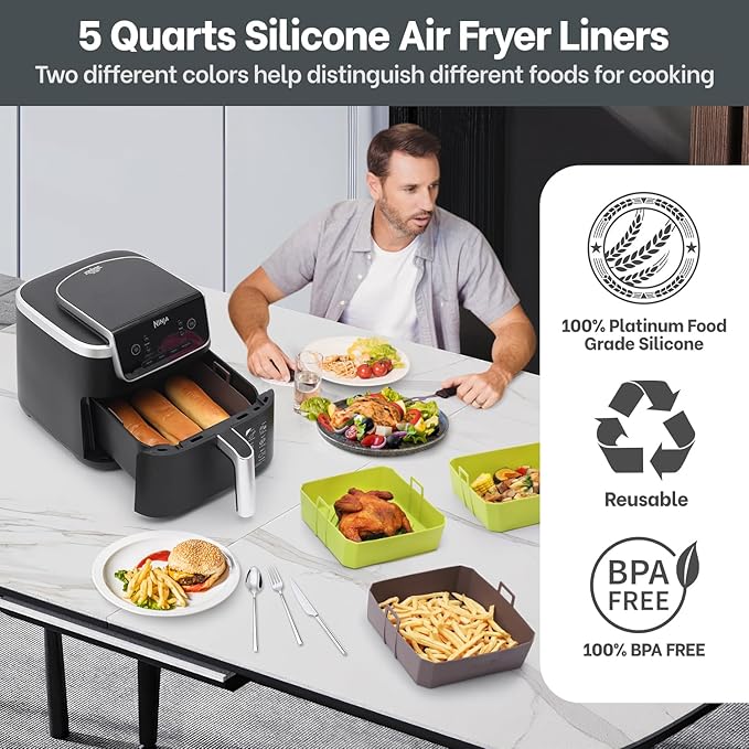 5QT Air Fryer Silicone Liners for Ninja AF141/AF142 & COSORI CAF-L501, Square Reusable Air Fryer Liners with Handle, 2 Pack BPA Free Platinum Silicone Basket, Upgrade