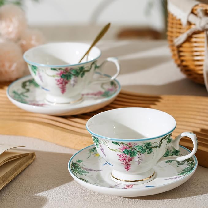 Floral Ceramic Cup Bone China Tea Cup and Saucer Set 6.8 Oz Gold Trim Vintage Style Porcelain Coffee Cup for Home Kitchen Office, Style 6