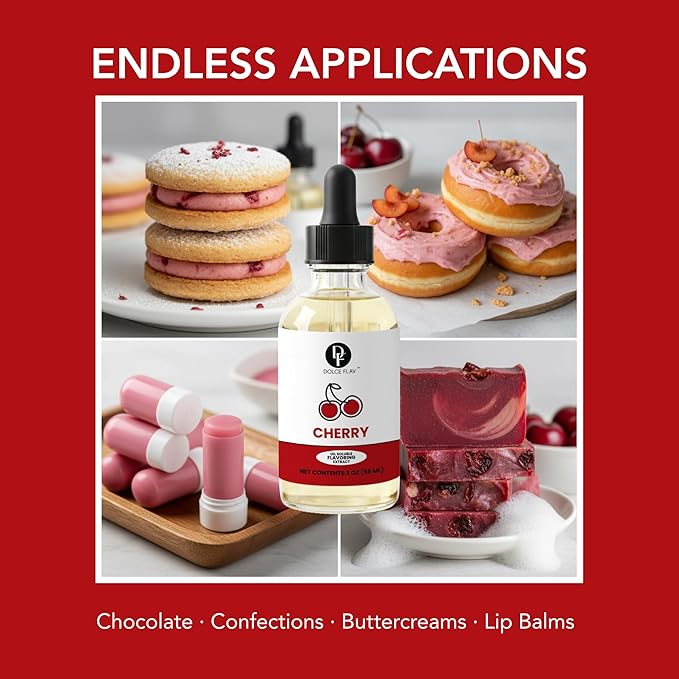 Dolce Flav Cherry Extract – 2 Ounce Oil-Soluble Kosher, Sugar-Free, Concentrated Fruity Flavor for Candy, Chocolates & Desserts, Includes Measured Dropper