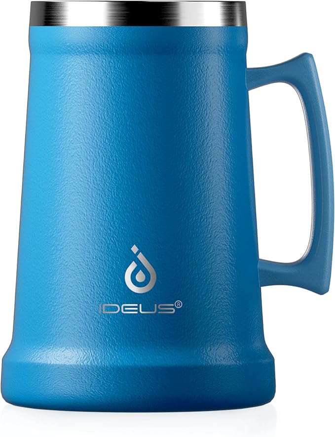 Ideus Insulated Beer Stein, 24/32oz Stainless Steel Double Walled Beer Mug Giant Bar Drinkware Metal Beer Cup with Big Grip Handle (Cerulean, 34oz (1,000ml))
