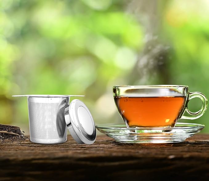 LHS Loose Leaf Tea Infuser, Tea Filter, Stainless Steel Infuser Basket, Extra Fine Mesh Tea Strainer for Loose Tea, Perfect Size Double Handles, Tea Infuser with Lid Fits Most Tea Pots, Mugs, Cups