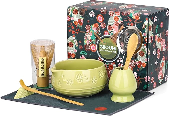 Matcha Whisk Set, Ceramic Bowl with Spout, Bamboo Matcha Whisk & Spoon, Chasen Holder, Scoop Rest, Sifter, 8-Pcs Japanese Ceremony Matcha Powder Kit–Christmas Gift for Women-Matcha Green