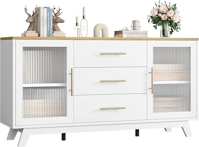 CABIHOME Buffet Cabinet, 56" Sideboard Buffet Storage Cabinet with Adjustable Shelves and Fluted Glass Door, Modern Coffee Bar, Table for Kitchen, Dining Room, Natural