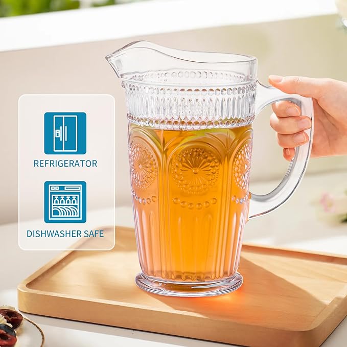 MDLUU Vintage Glass Pitcher, Glass Carafe, Bar Mixing Pitcher Glassware, Water Carafe Jug for Beverage, Cocktail, Juice, Milk, Ice Tea, 50 Oz